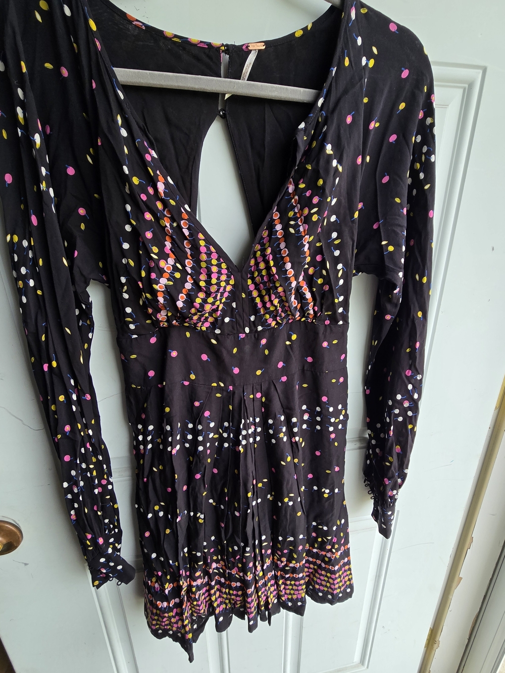 Free People Black Long-Sleeve V-Neck Dot Print Mini Dress